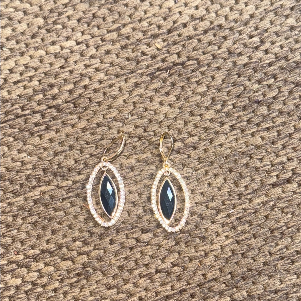 Gold Drop Earrings with Black Stone Accent